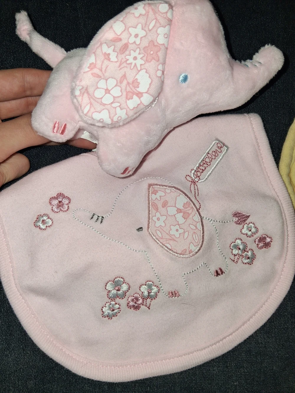 Baby Pink Elephant Bib with Matching Plush Toy - Soft Floral Design